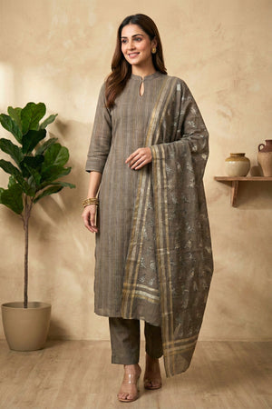 Earthy Taupe Woven Bird Motif Chanderi Unstitched Suit Set