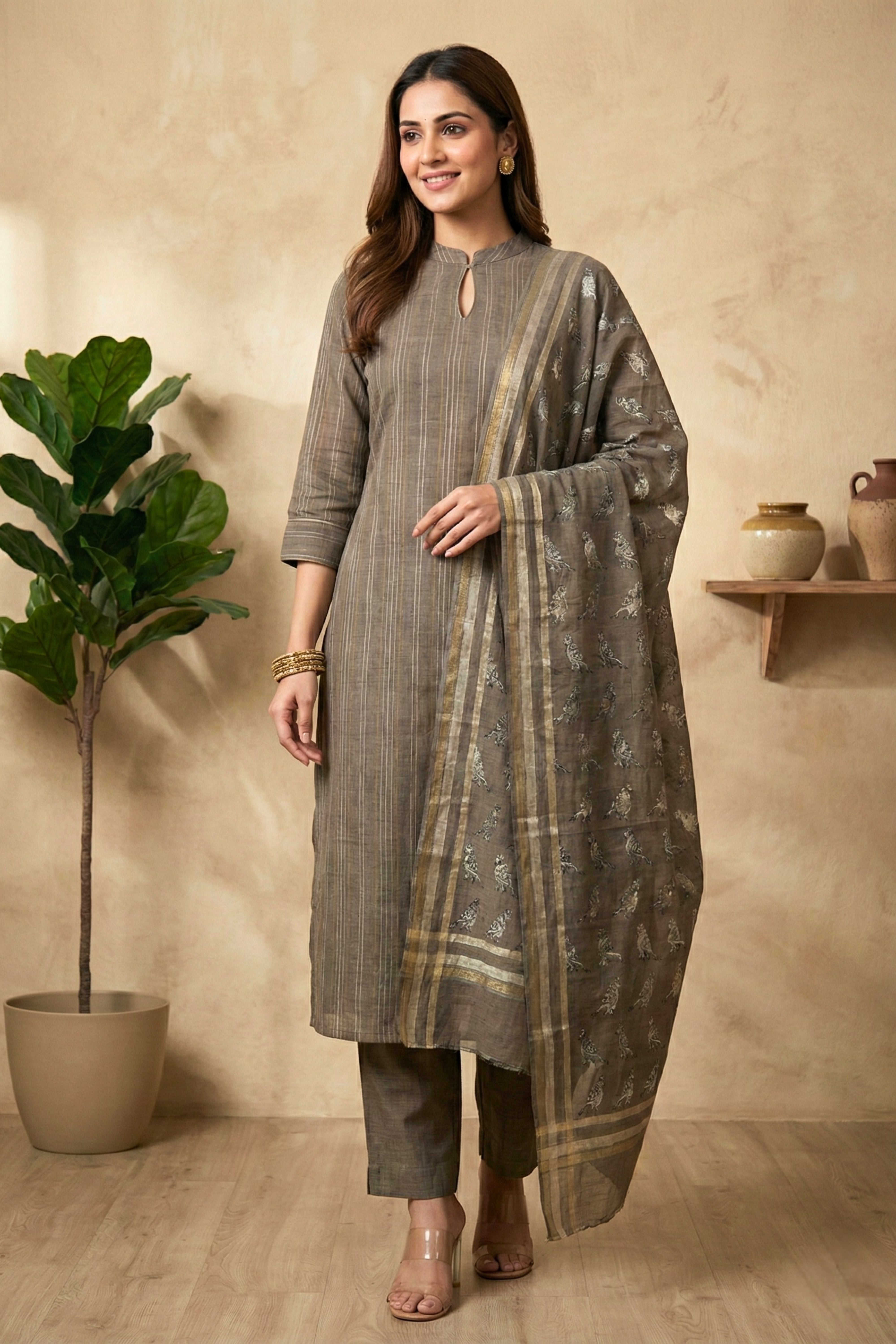 Earthy Taupe Woven Bird Motif Chanderi Unstitched Suit Set