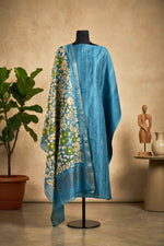 Serene Azure Blue Striped & Floral Chanderi Unstitched Suit Set