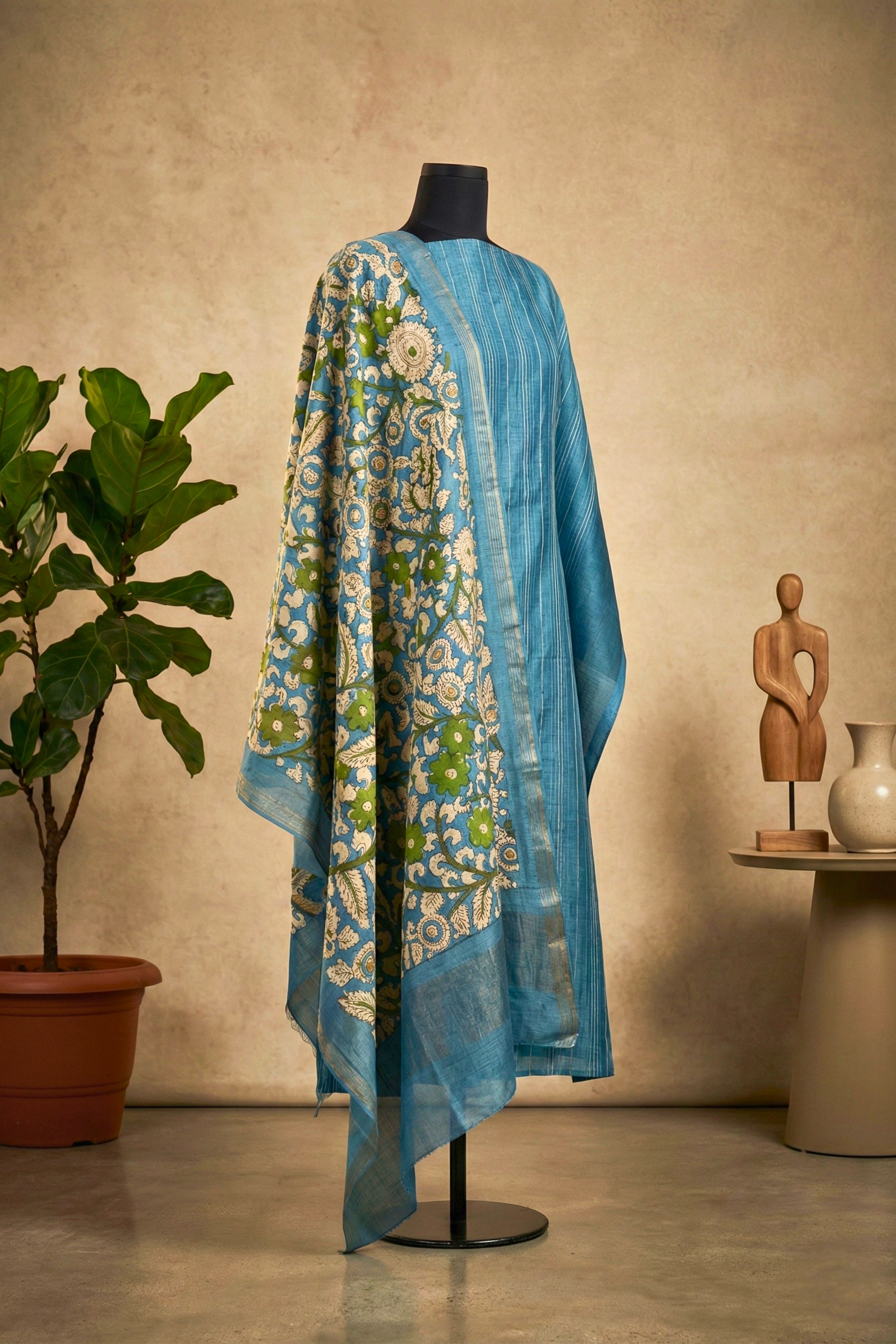 Serene Azure Blue Striped & Floral Chanderi Unstitched Suit Set