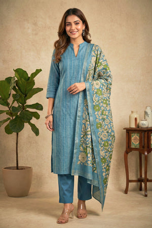 Serene Azure Blue Striped & Floral Chanderi Unstitched Suit Set