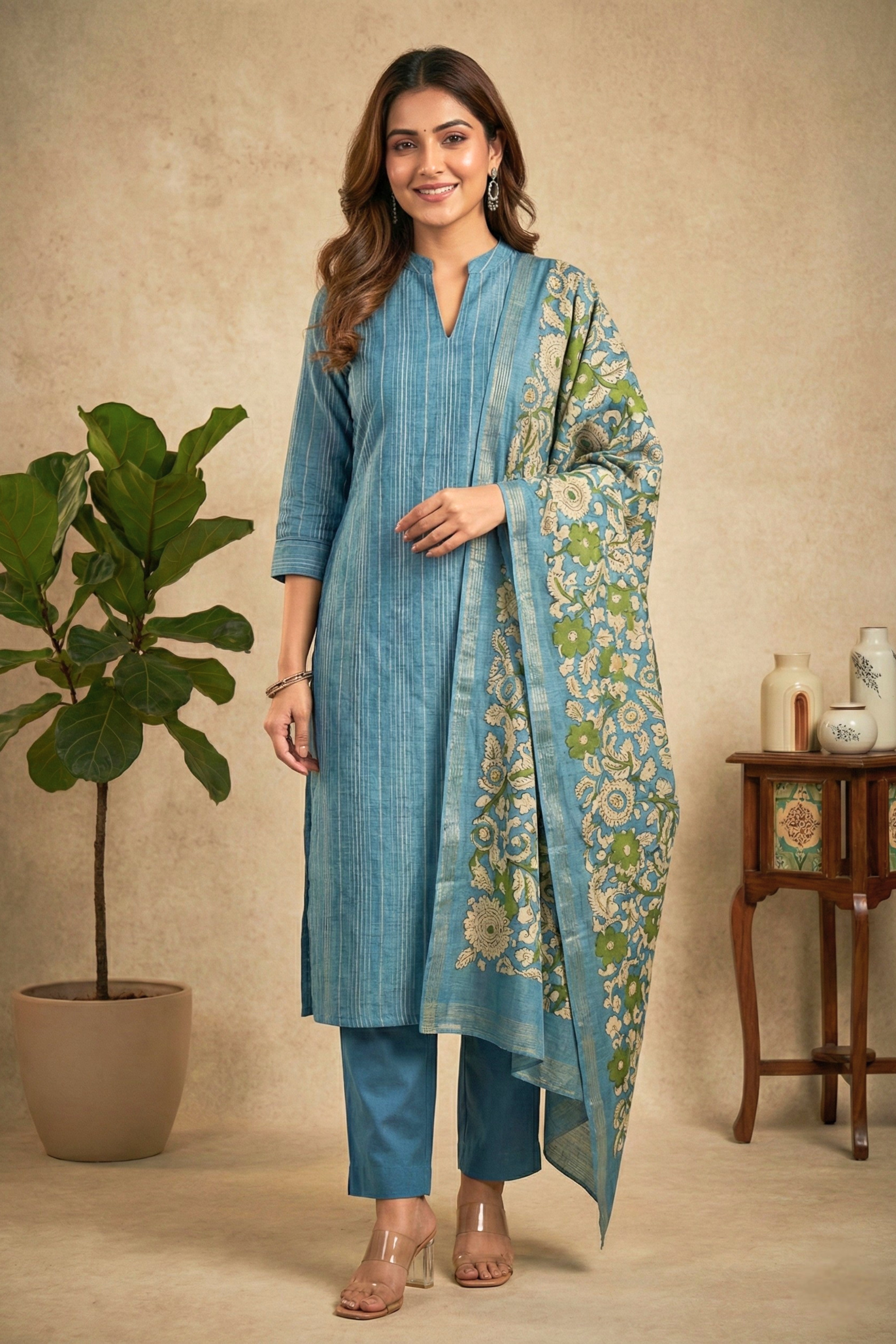 Serene Azure Blue Striped & Floral Chanderi Unstitched Suit Set