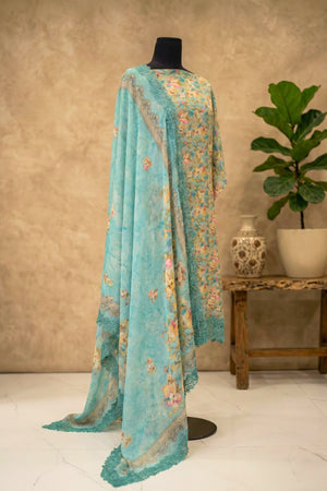Refreshing Aqua Floral Lace-Detailed Premium Crepe Unstitched Suit Set