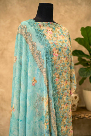 Refreshing Aqua Floral Lace-Detailed Premium Crepe Unstitched Suit Set