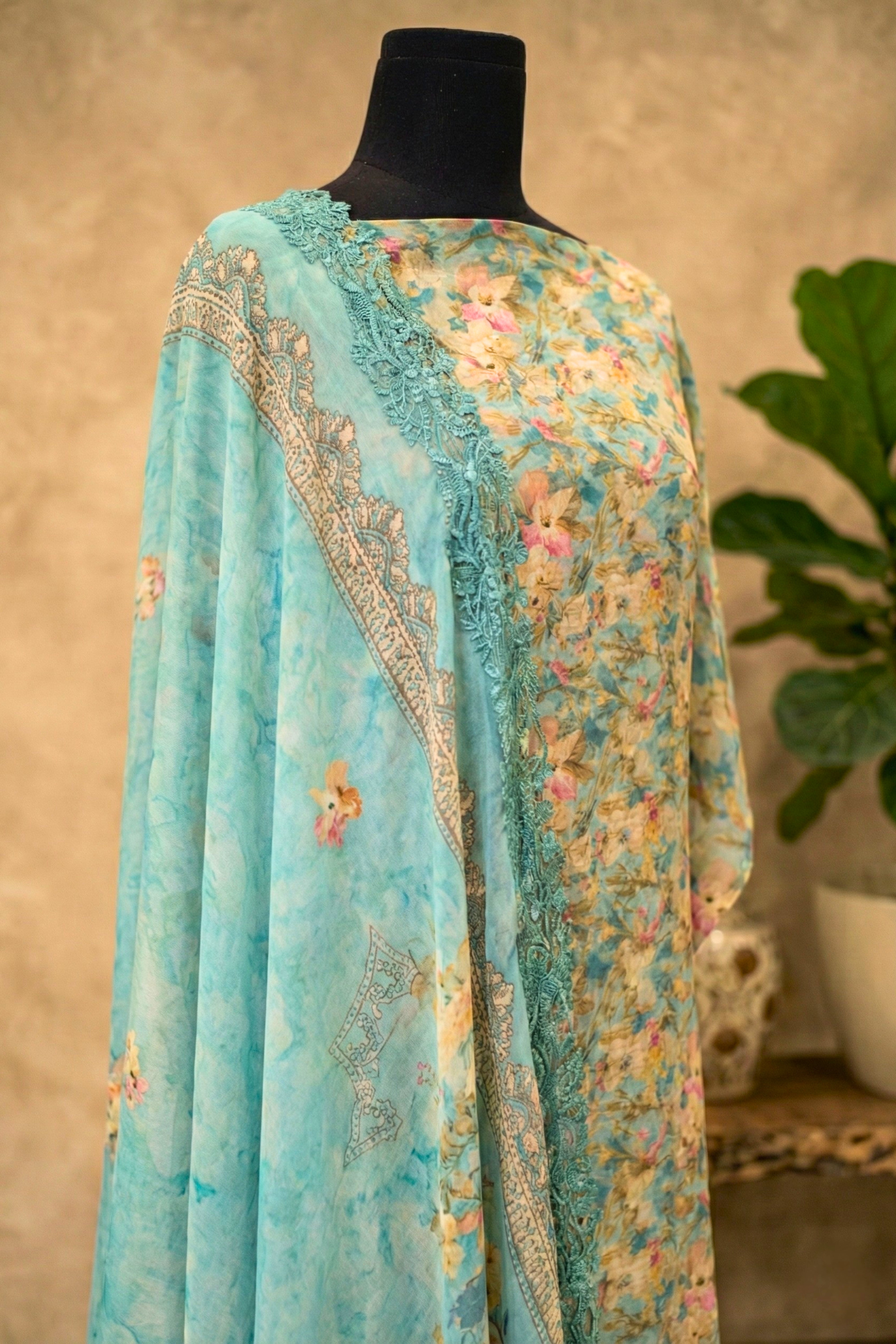 Refreshing Aqua Floral Lace-Detailed Premium Crepe Unstitched Suit Set