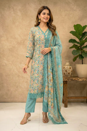 Refreshing Aqua Floral Lace-Detailed Premium Crepe Unstitched Suit Set