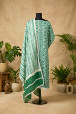 Fresh Emerald Floral & Striped Pure Cotton Unstitched Suit Set