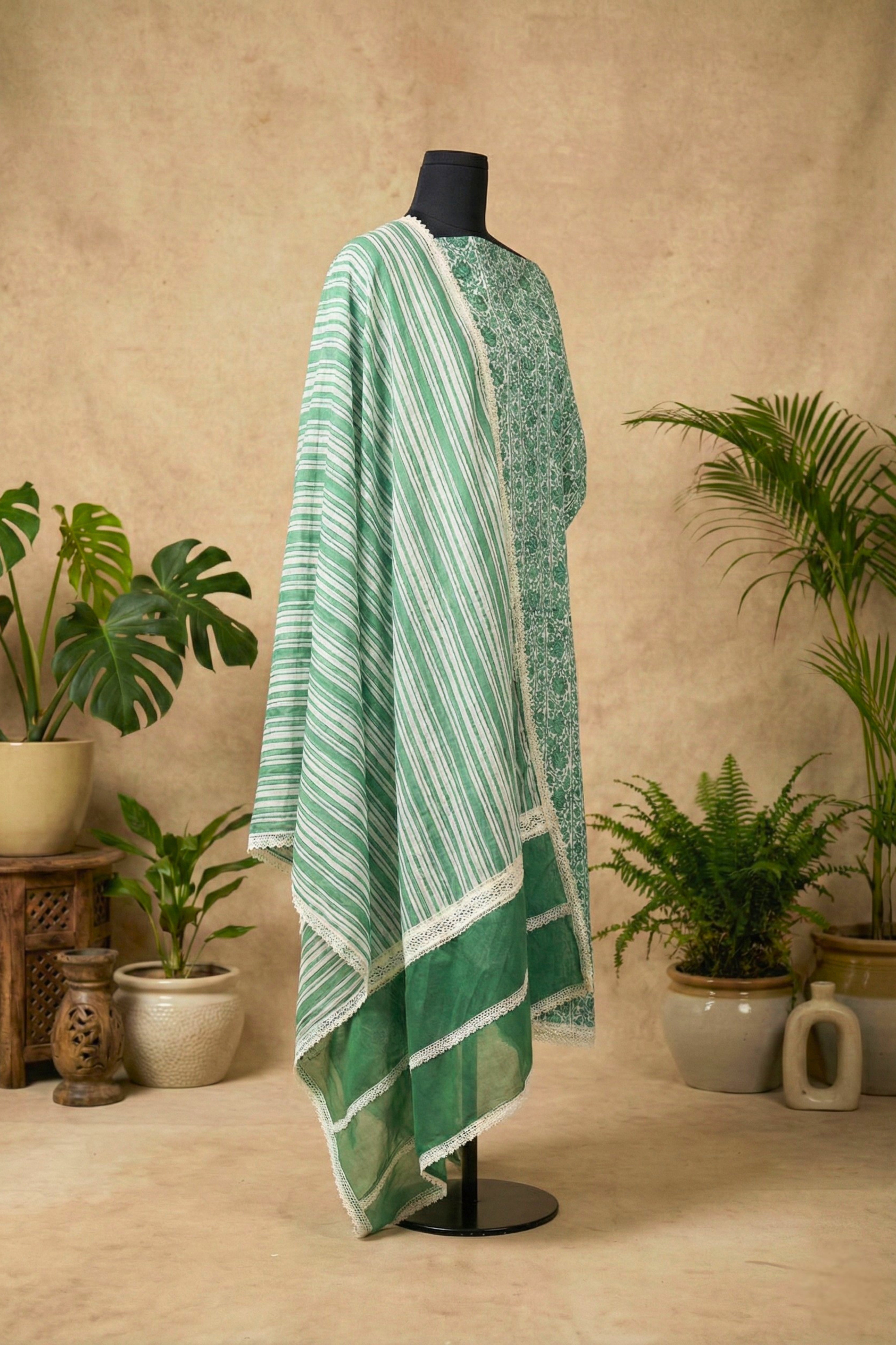Fresh Emerald Floral & Striped Pure Cotton Unstitched Suit Set