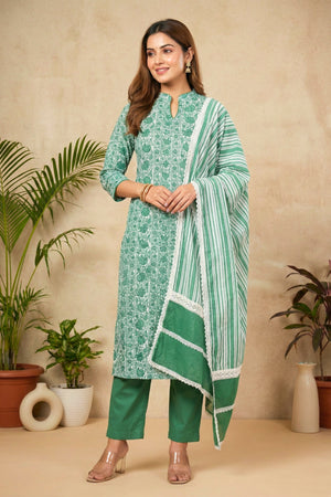 Fresh Emerald Floral & Striped Pure Cotton Unstitched Suit Set