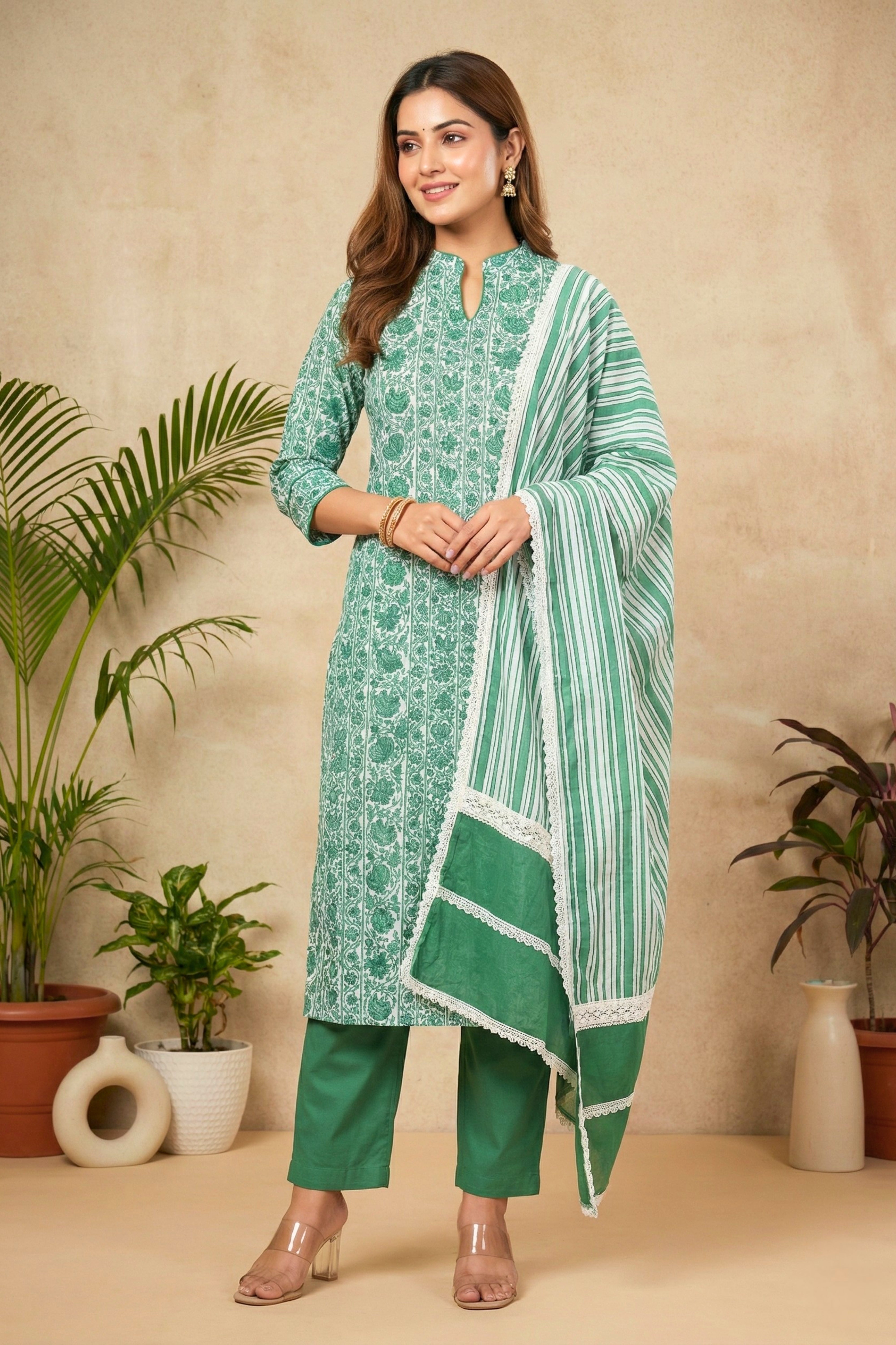 Fresh Emerald Floral & Striped Pure Cotton Unstitched Suit Set