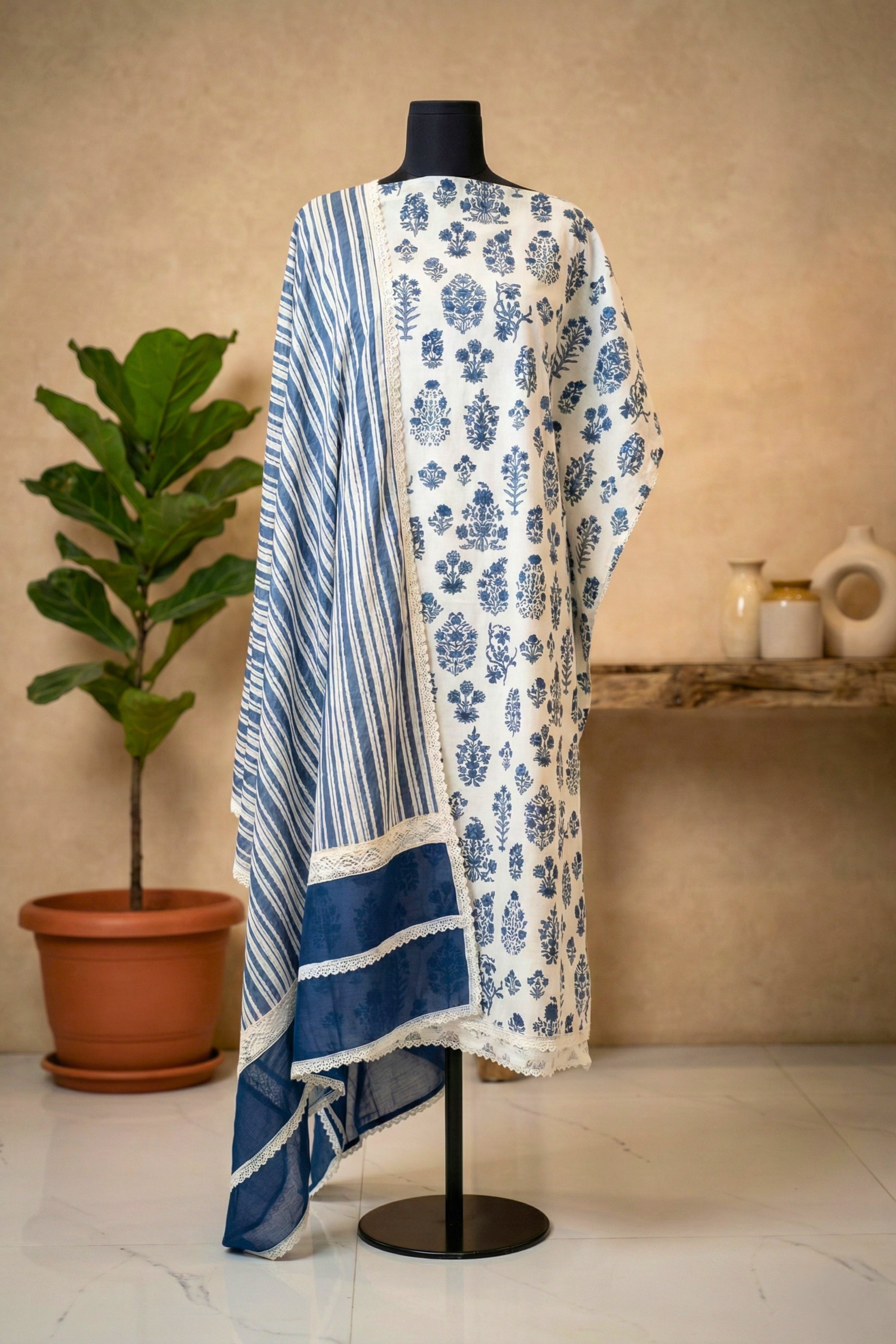Classic Indigo & White Floral Pure Cotton Unstitched Suit Set