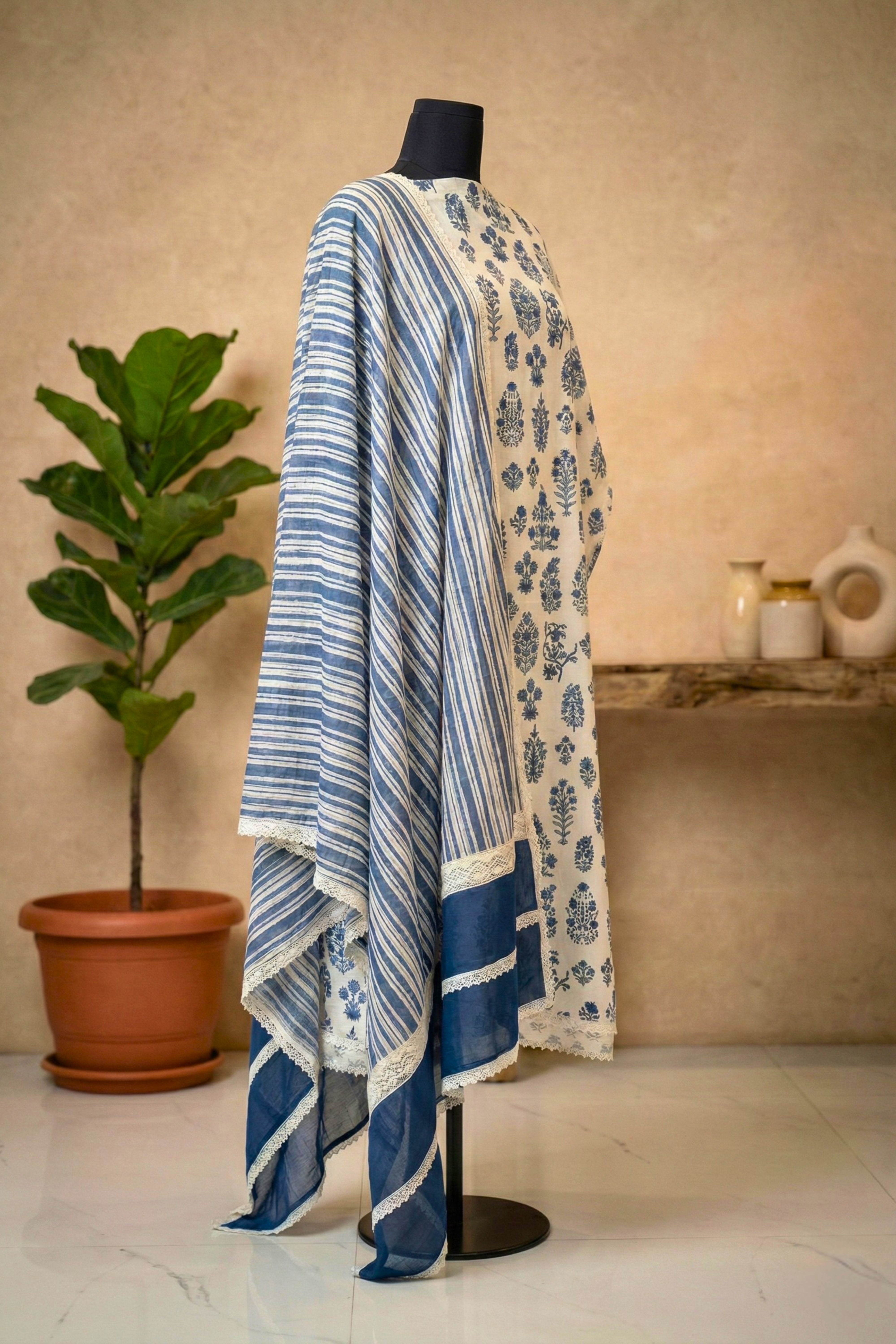 Classic Indigo & White Floral Pure Cotton Unstitched Suit Set