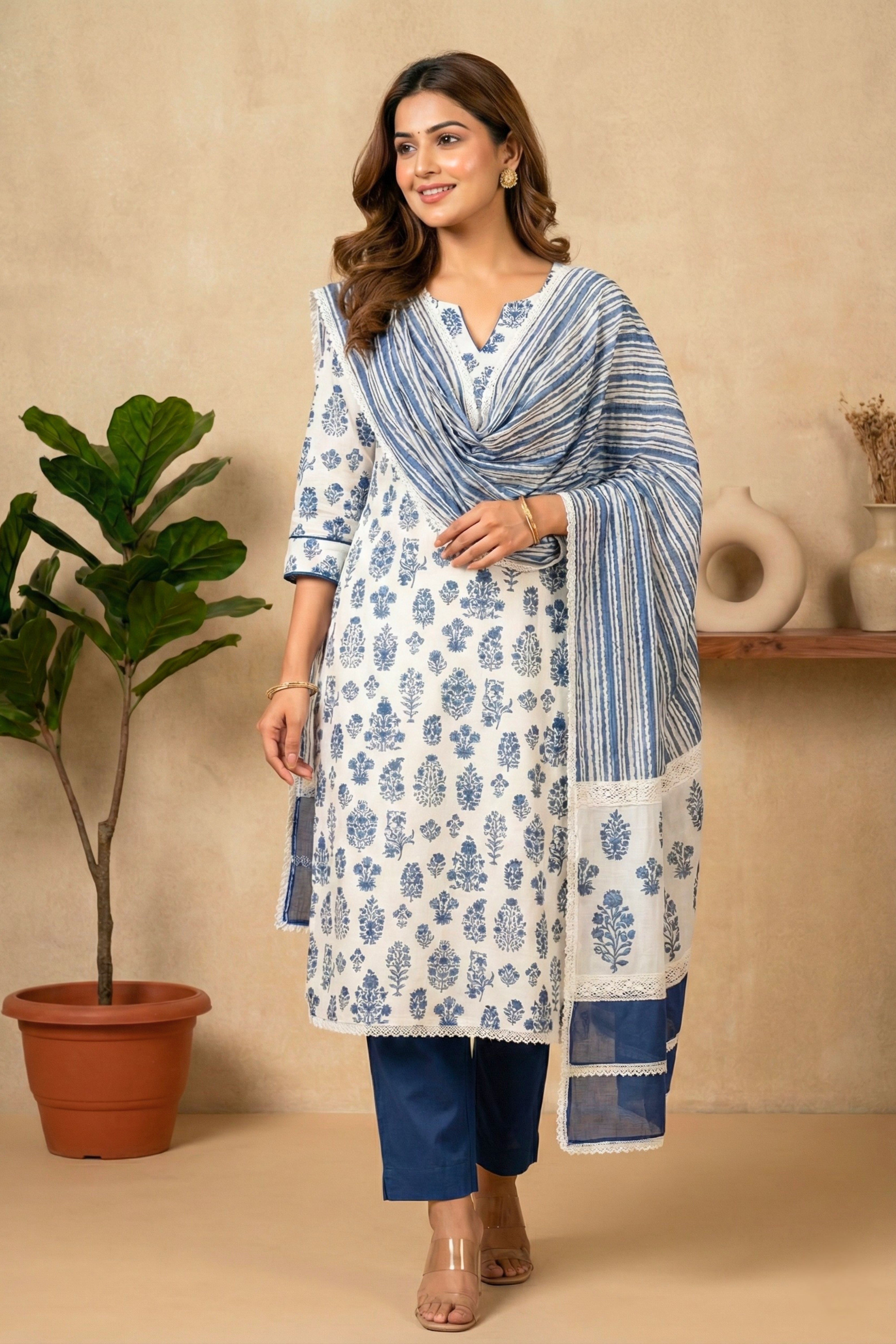 Classic Indigo & White Floral Pure Cotton Unstitched Suit Set