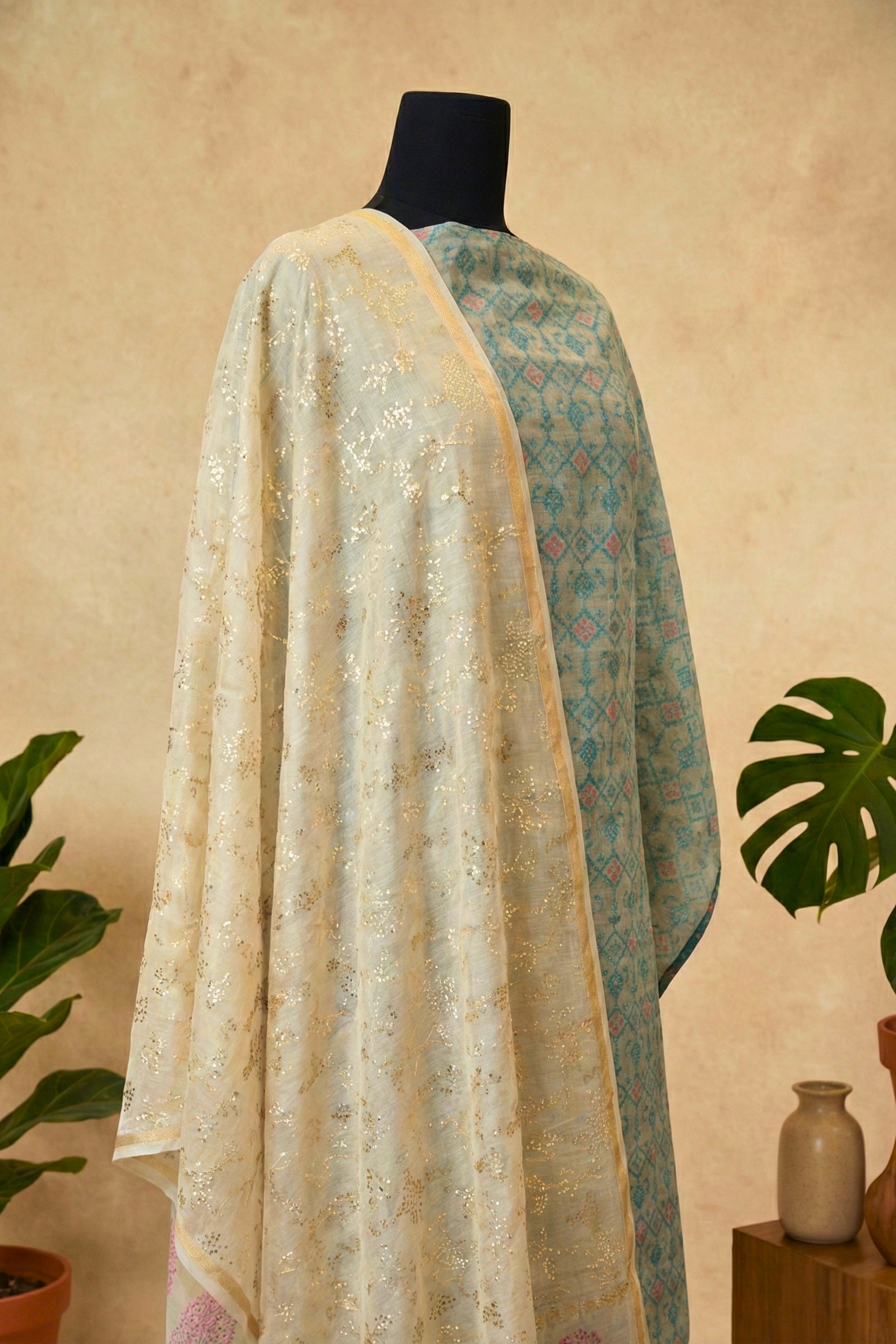 Dusty Aqua Geometric & Shimmering Ivory Chanderi Unstitched Suit Set
