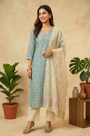 Dusty Aqua Geometric & Shimmering Ivory Chanderi Unstitched Suit Set