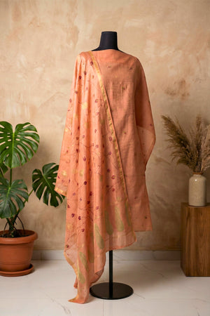 Radiant Peach Zari Floral Chanderi Unstitched Suit Set