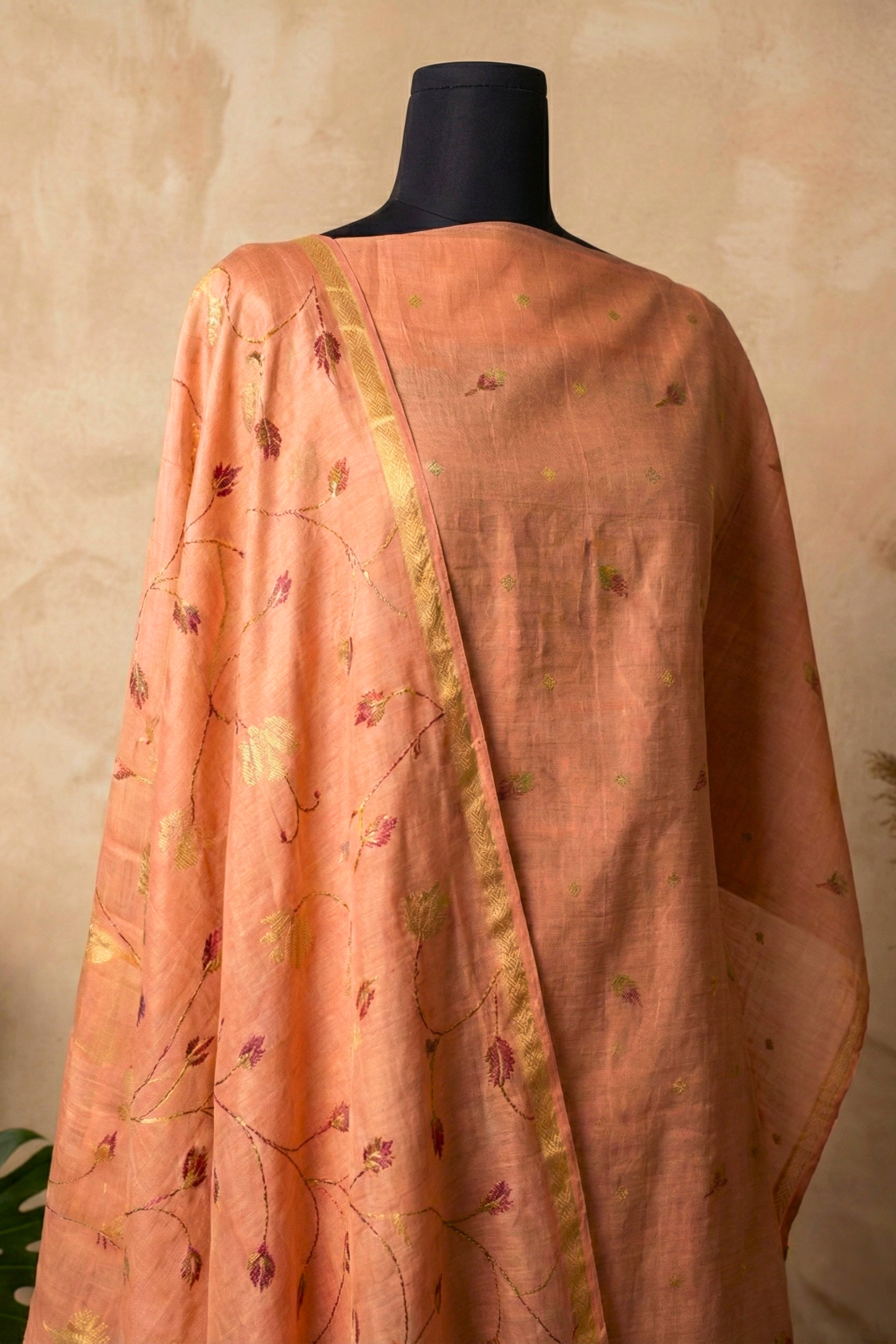 Radiant Peach Zari Floral Chanderi Unstitched Suit Set