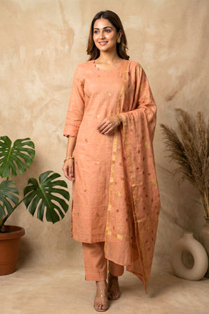 Radiant Peach Zari Floral Chanderi Unstitched Suit Set