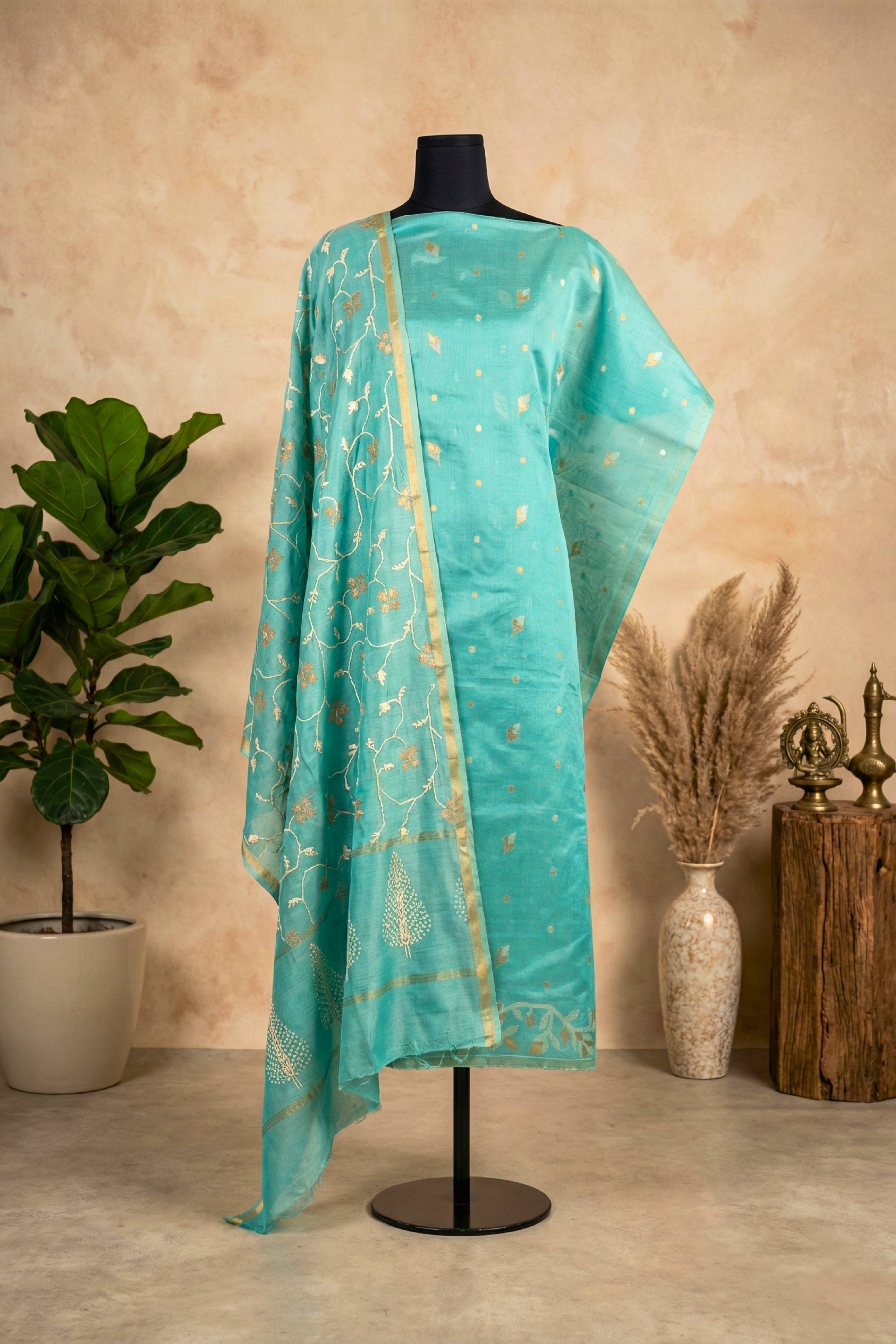 Luminous Turquoise Zari Floral Chanderi Unstitched Suit Set