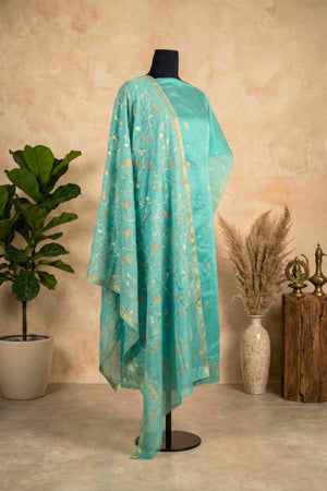 Luminous Turquoise Zari Floral Chanderi Unstitched Suit Set