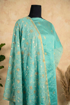 Luminous Turquoise Zari Floral Chanderi Unstitched Suit Set