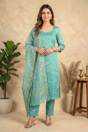 Luminous Turquoise Zari Floral Chanderi Unstitched Suit Set