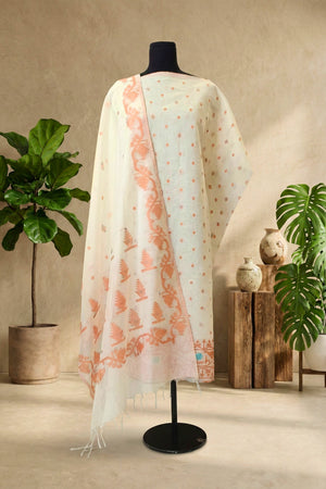 Pristine Ivory & Peach Woven Chanderi Unstitched Suit Set