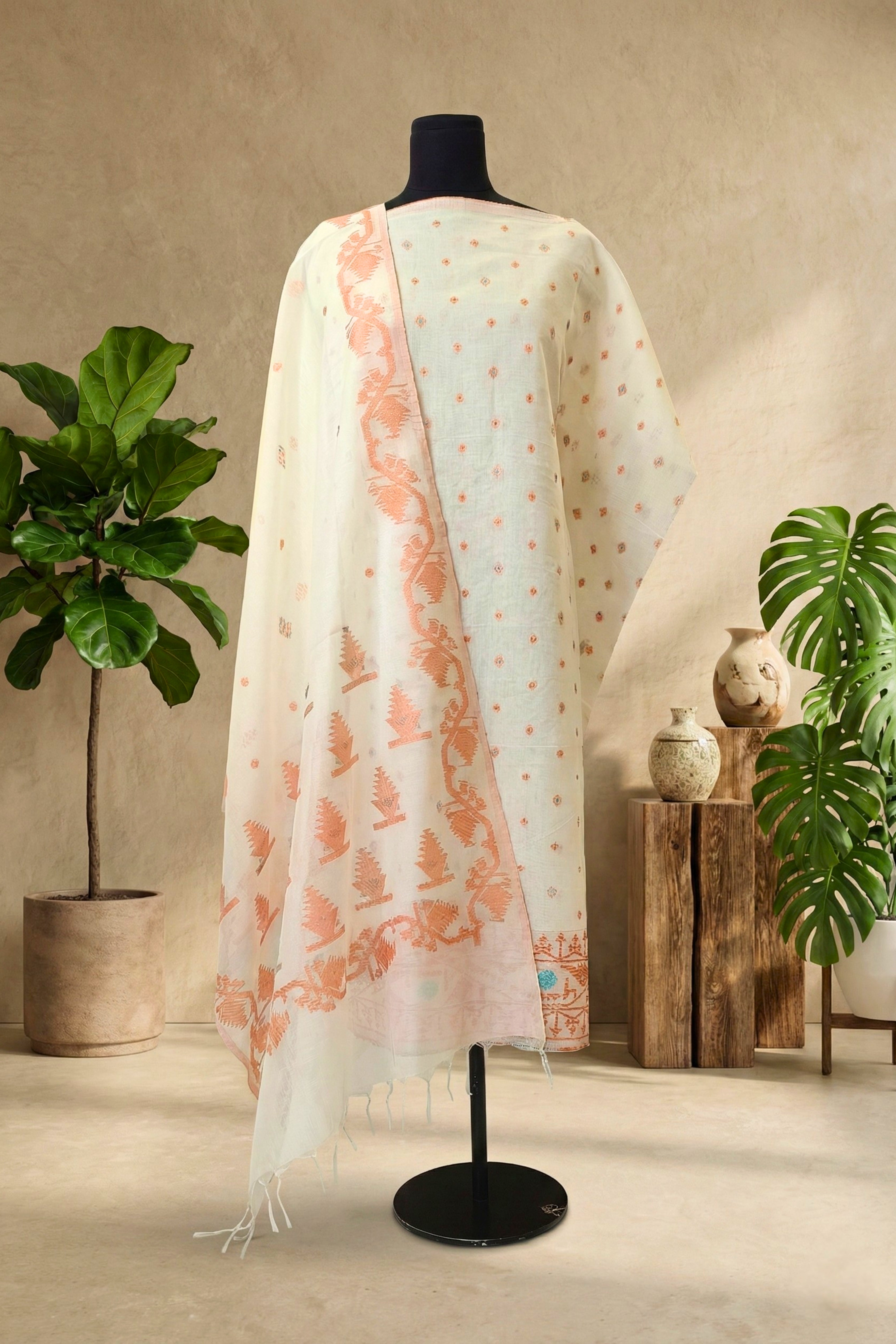 Pristine Ivory & Peach Woven Chanderi Unstitched Suit Set