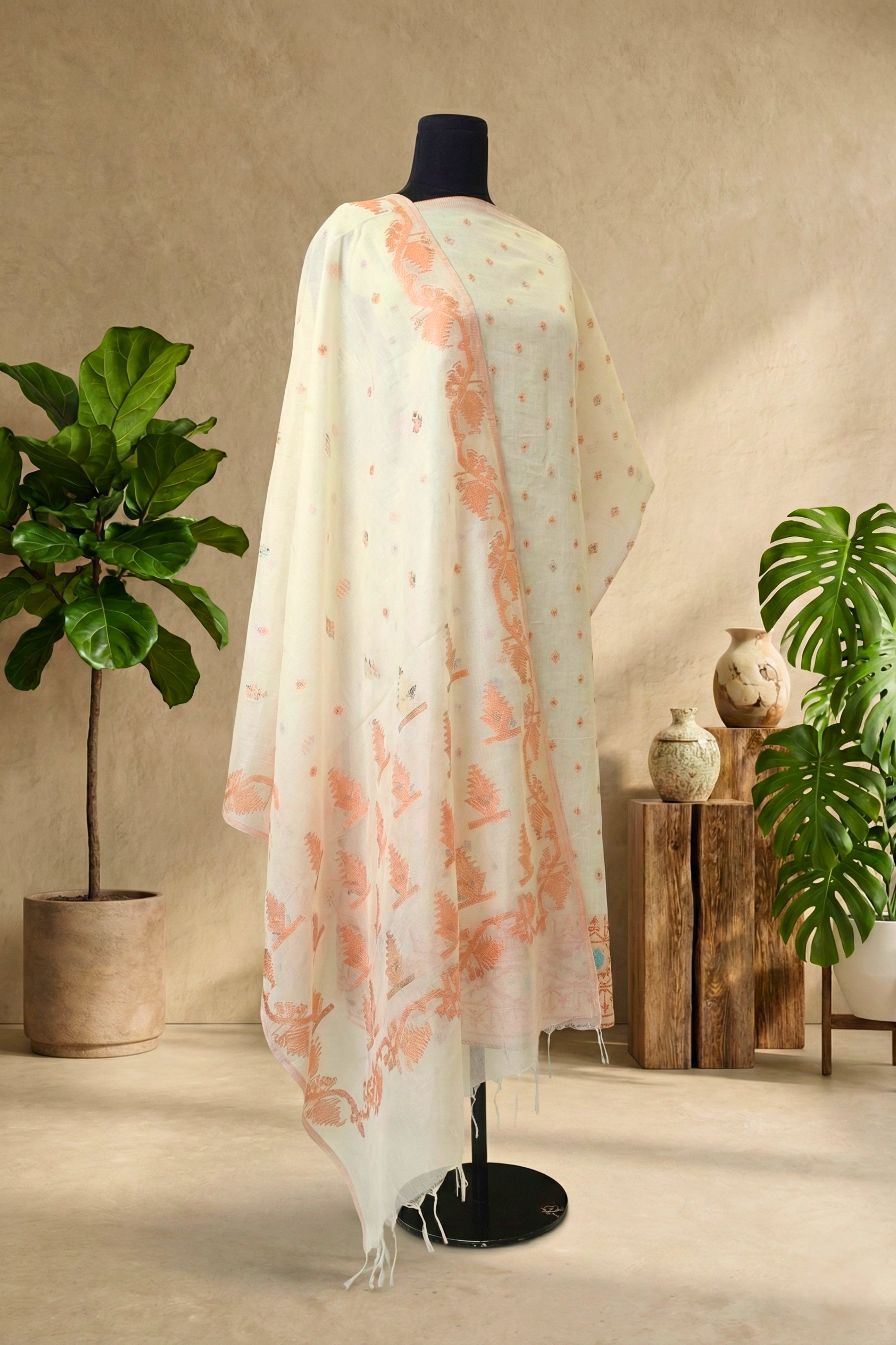 Pristine Ivory & Peach Woven Chanderi Unstitched Suit Set