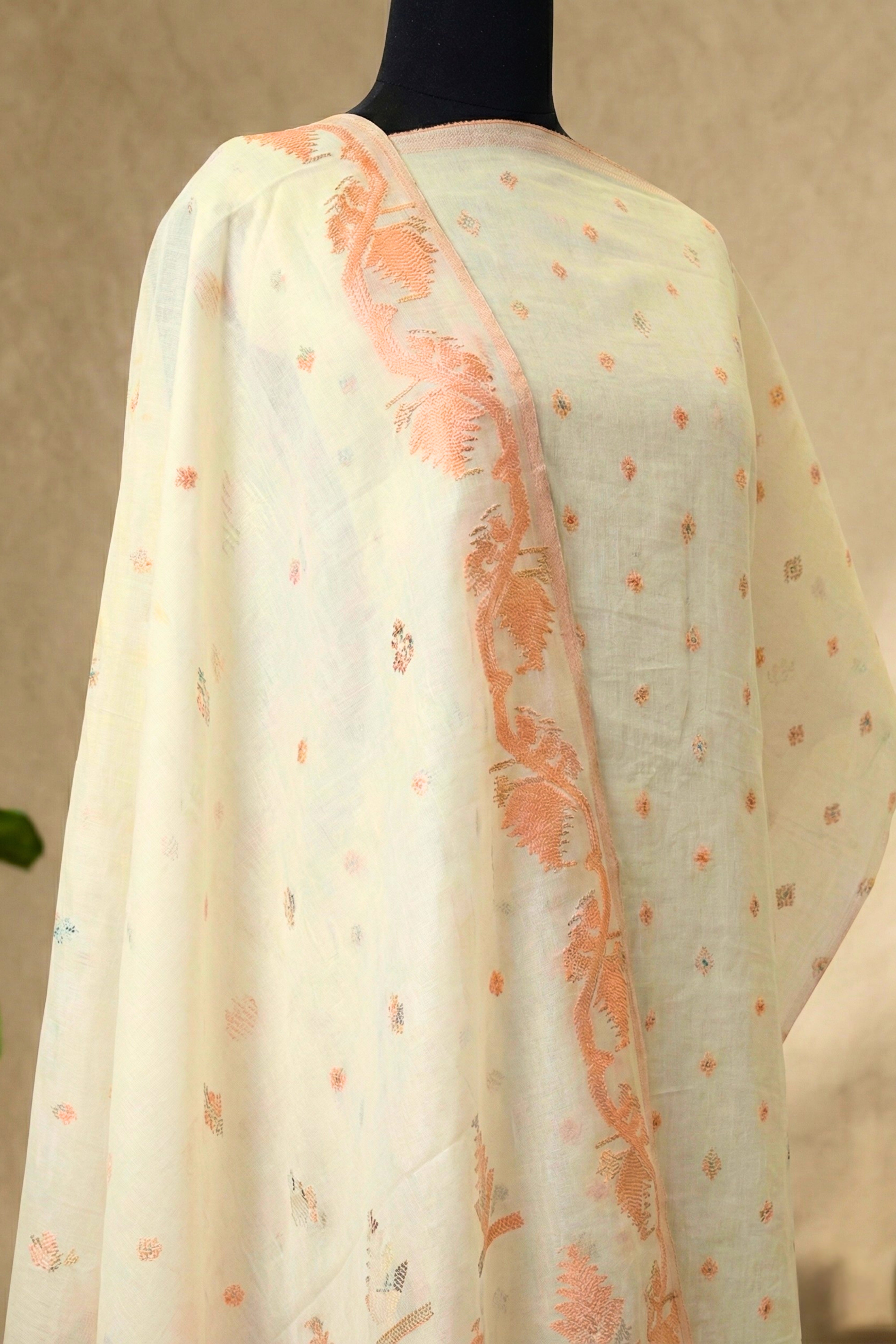 Pristine Ivory & Peach Woven Chanderi Unstitched Suit Set