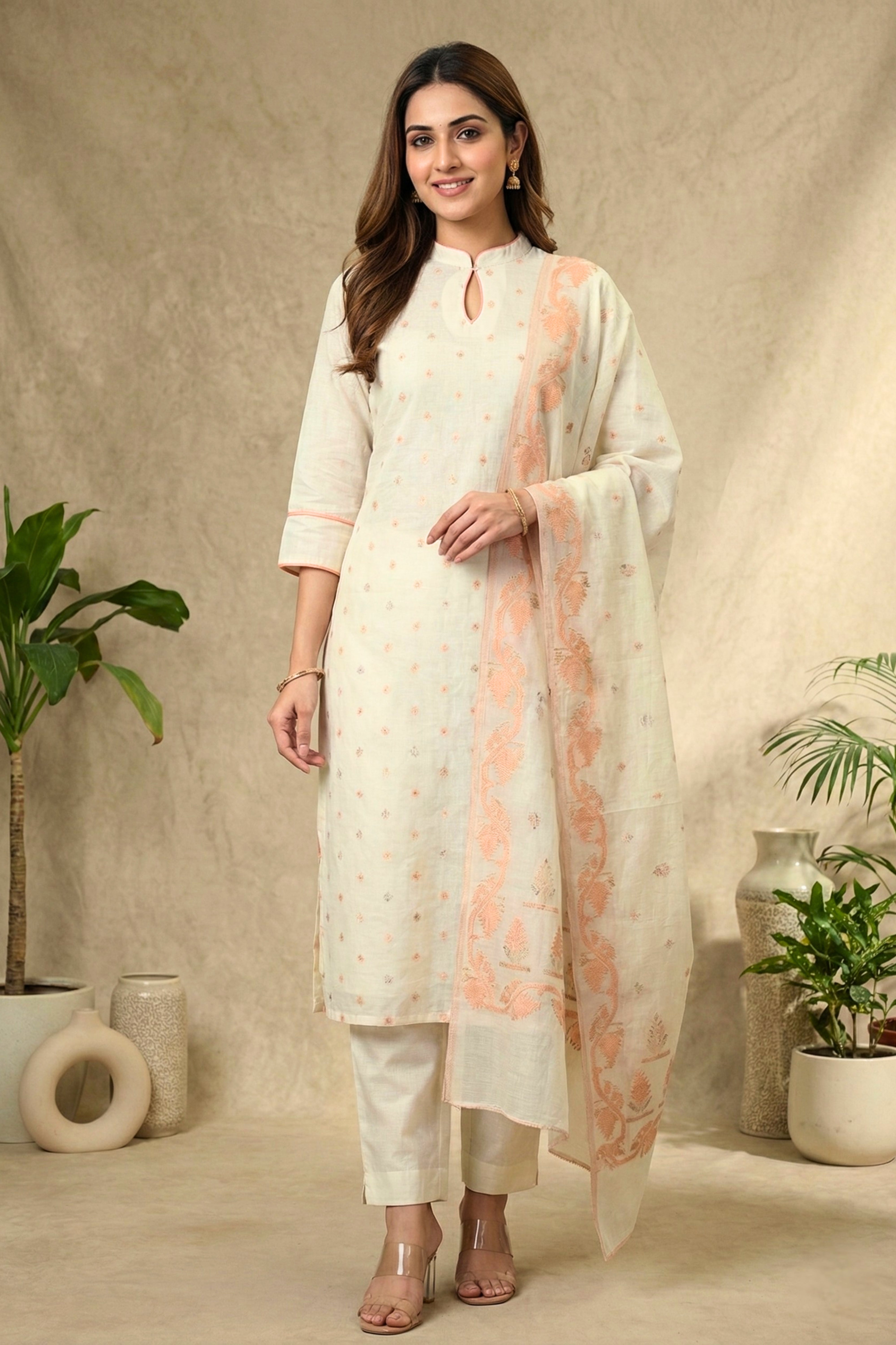 Pristine Ivory & Peach Woven Chanderi Unstitched Suit Set