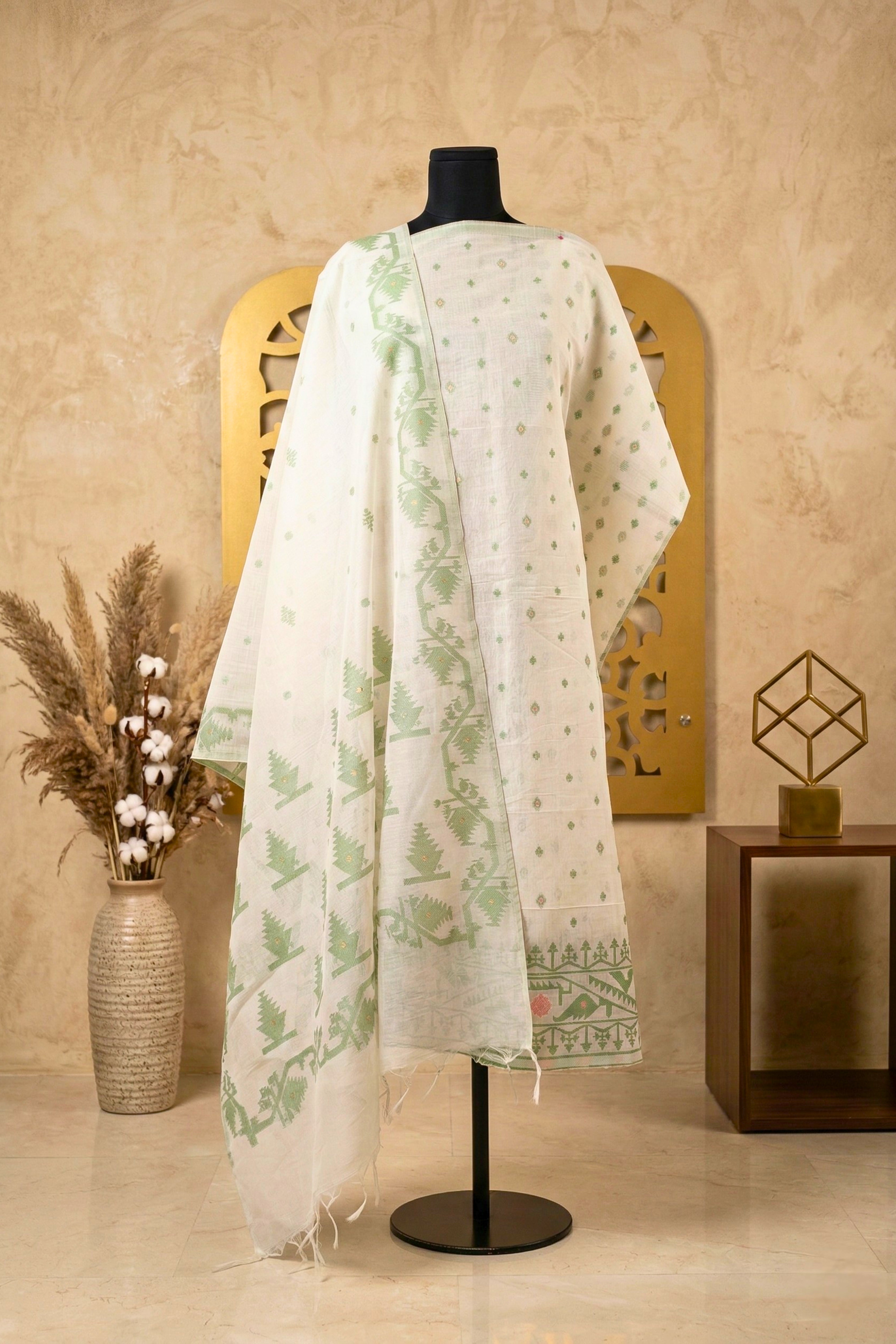 Pristine Ivory & Sage Green Woven Chanderi Unstitched Suit Set