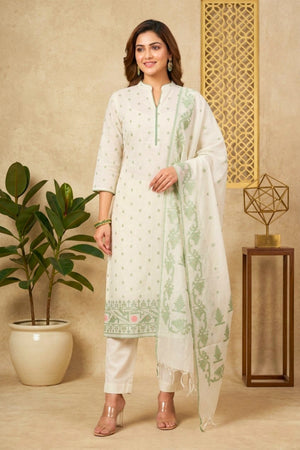 Pristine Ivory & Sage Green Woven Chanderi Unstitched Suit Set