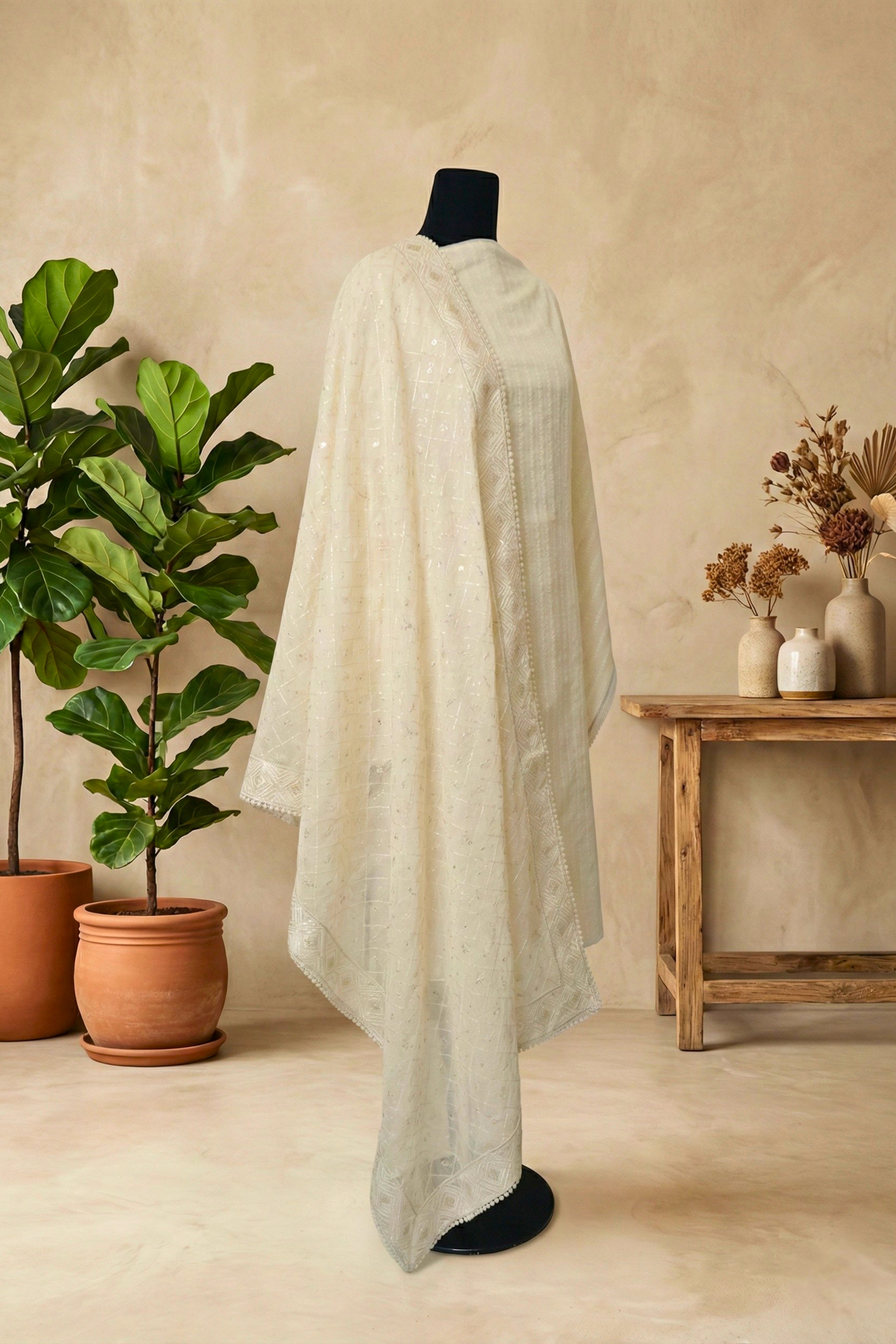 Ethereal Cream Sequin-Embroidered Chanderi Unstitched Suit Set