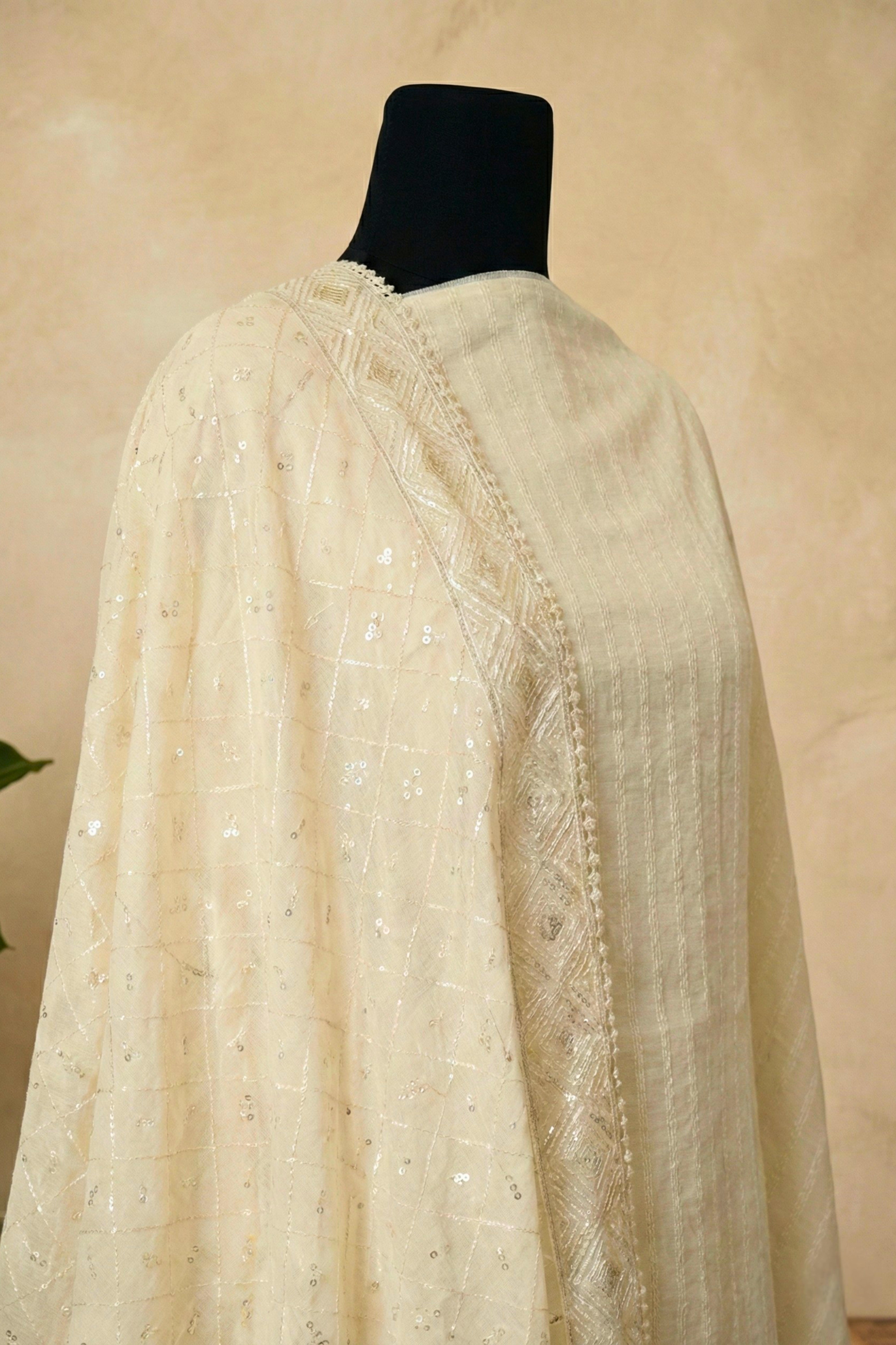 Ethereal Cream Sequin-Embroidered Chanderi Unstitched Suit Set