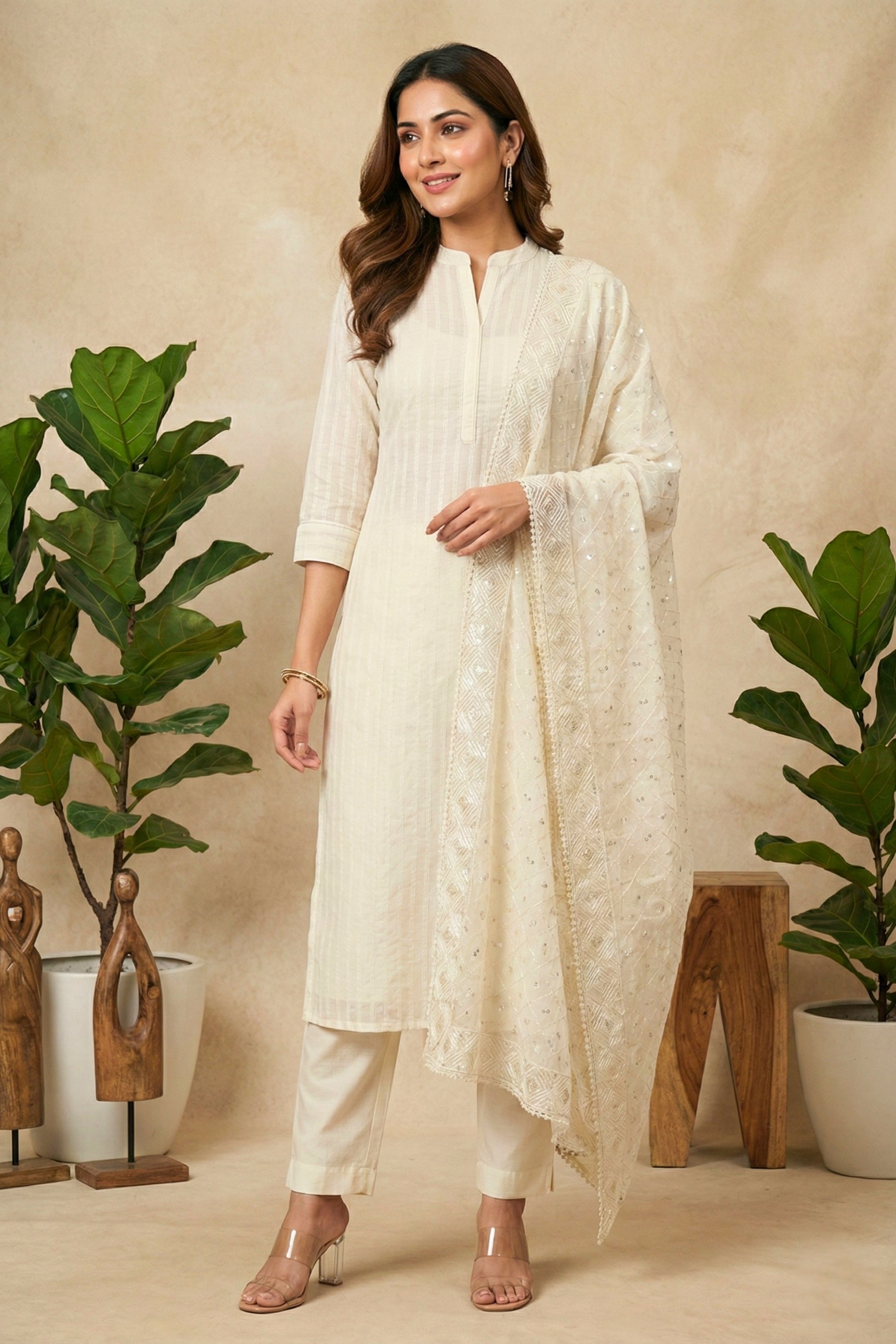 Ethereal Cream Sequin-Embroidered Chanderi Unstitched Suit Set
