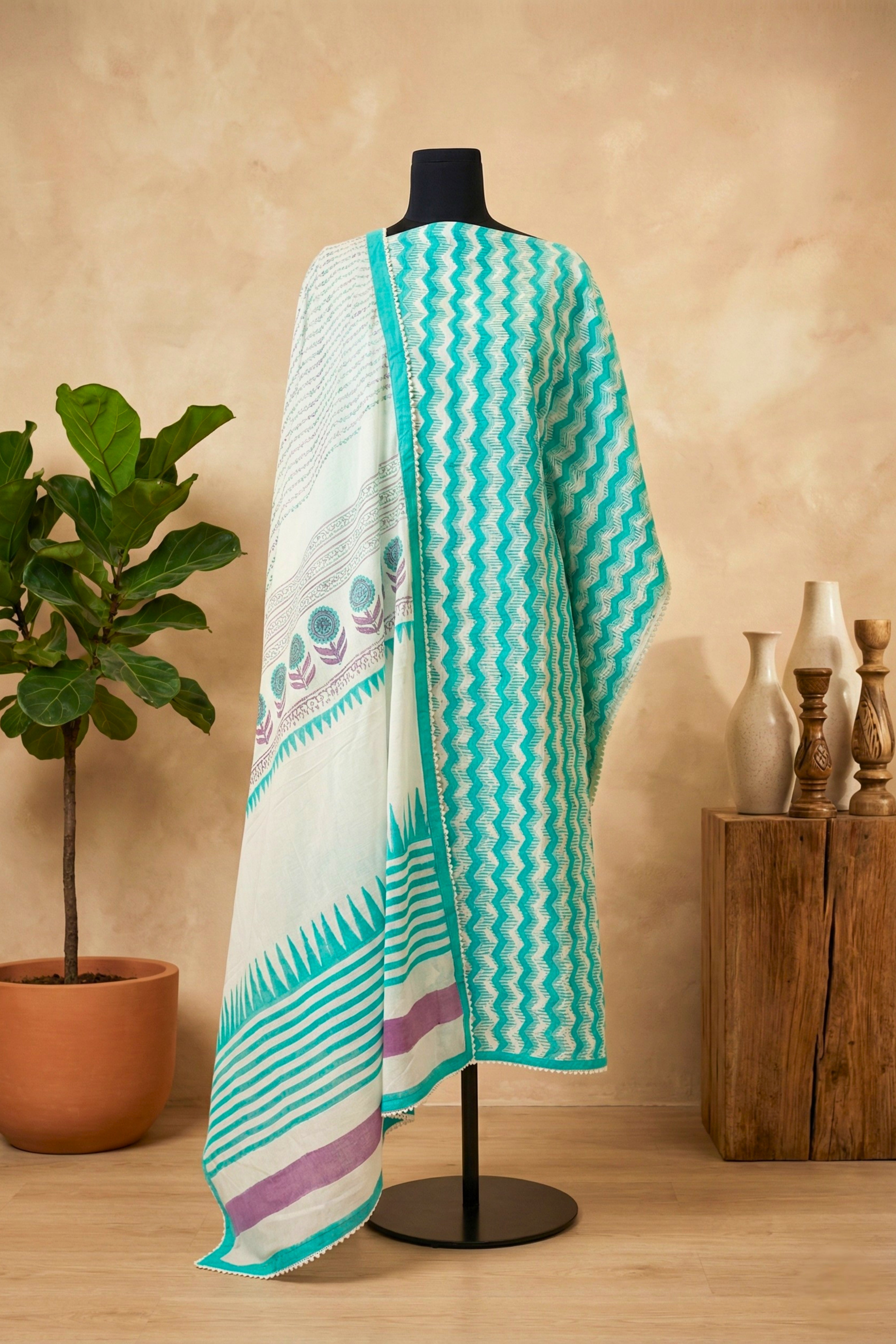Fresh Aqua Chevron & Floral Pure Cotton Unstitched Suit Set