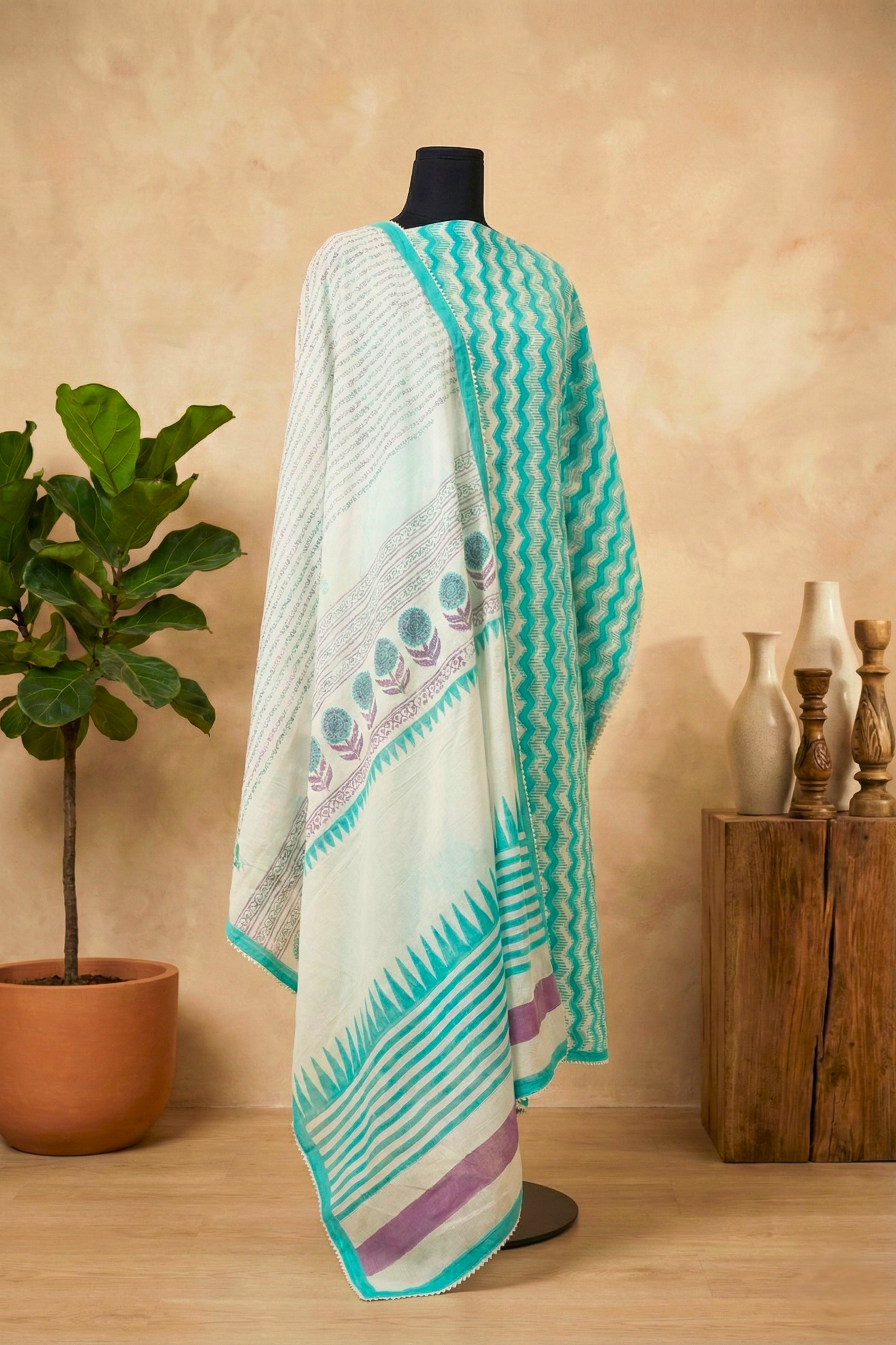 Fresh Aqua Chevron & Floral Pure Cotton Unstitched Suit Set