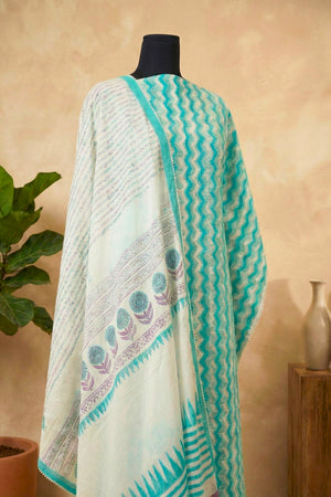 Fresh Aqua Chevron & Floral Pure Cotton Unstitched Suit Set