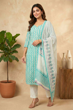 Fresh Aqua Chevron & Floral Pure Cotton Unstitched Suit Set