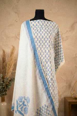 Classic Serenity Blue & White Block-Print Pure Cotton Unstitched Suit Set