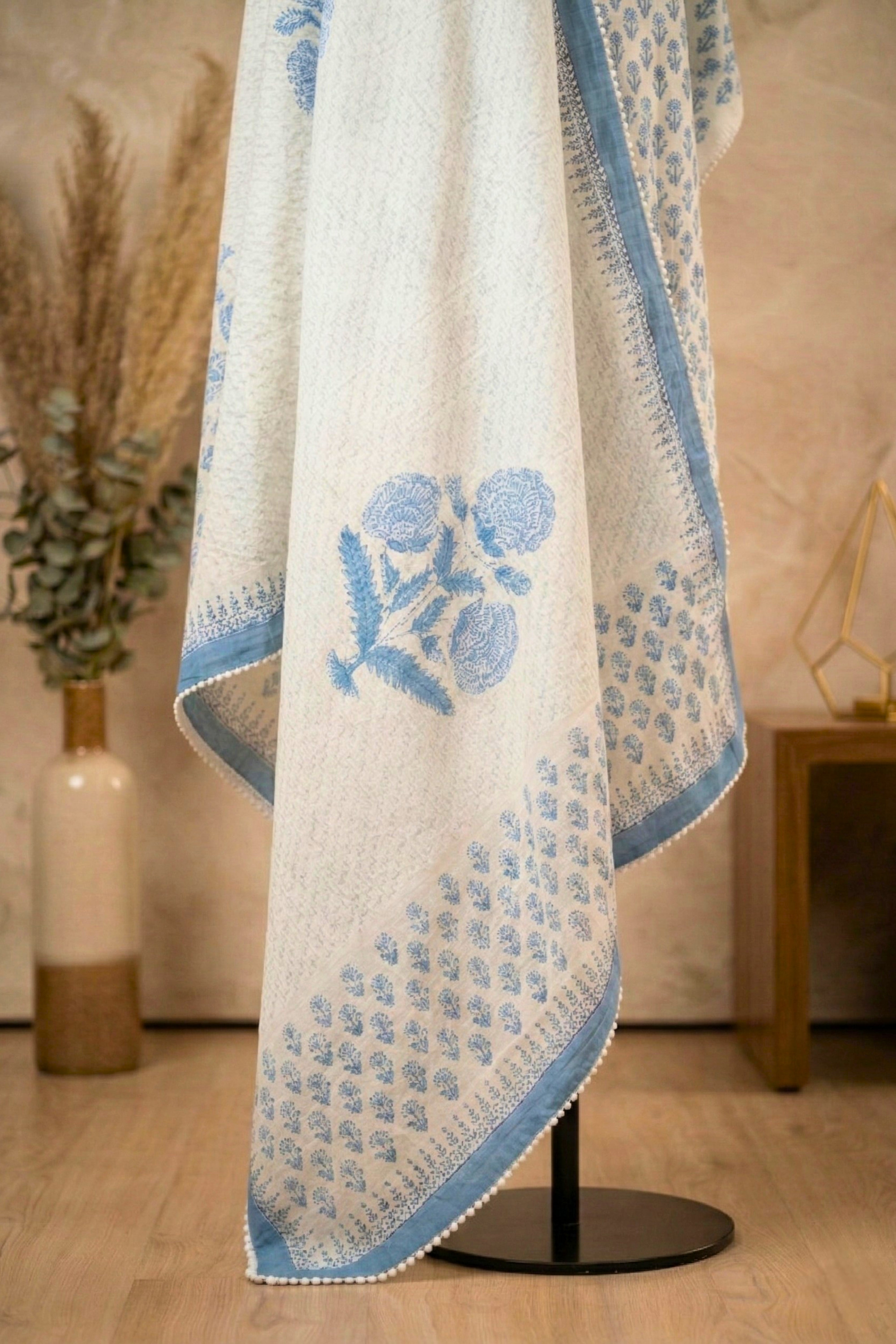 Classic Serenity Blue & White Block-Print Pure Cotton Unstitched Suit Set