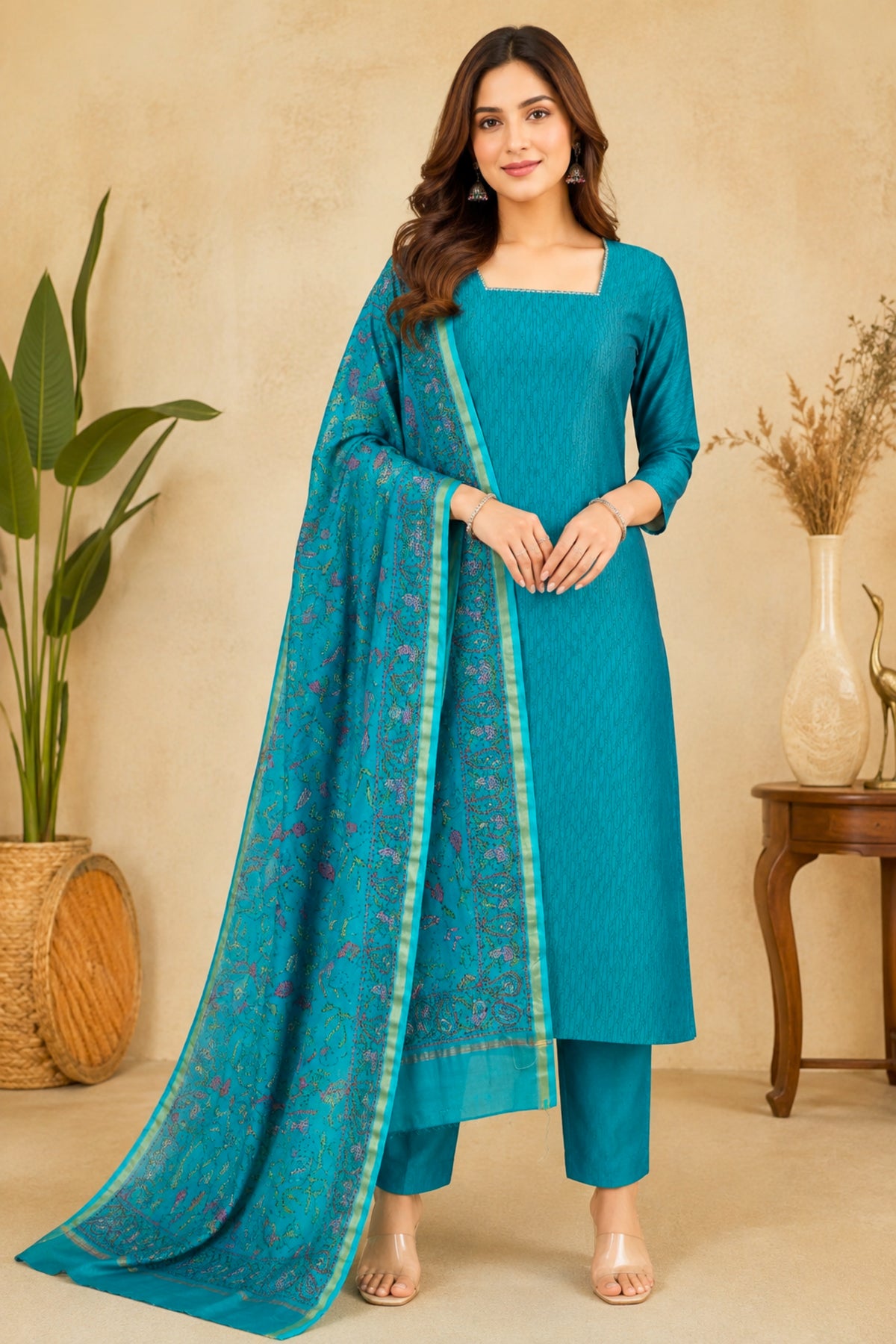 Peacock Blue Chanderi Unstitched Suit Set with Kantha Embroidered Dupatta by Label Tamanna