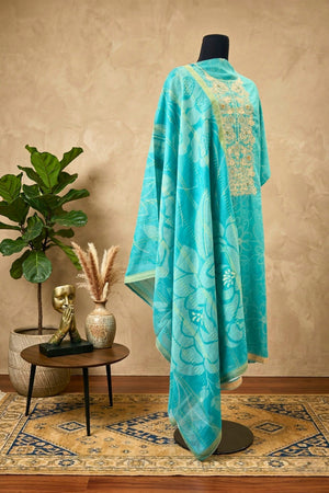 Blue Muslin Resham Threadwork Unstitched Suit Set