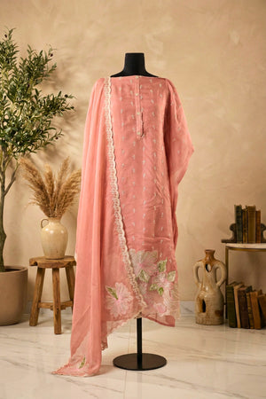 Dusty Rose Floral Cutwork Organza Unstitched Suit Set