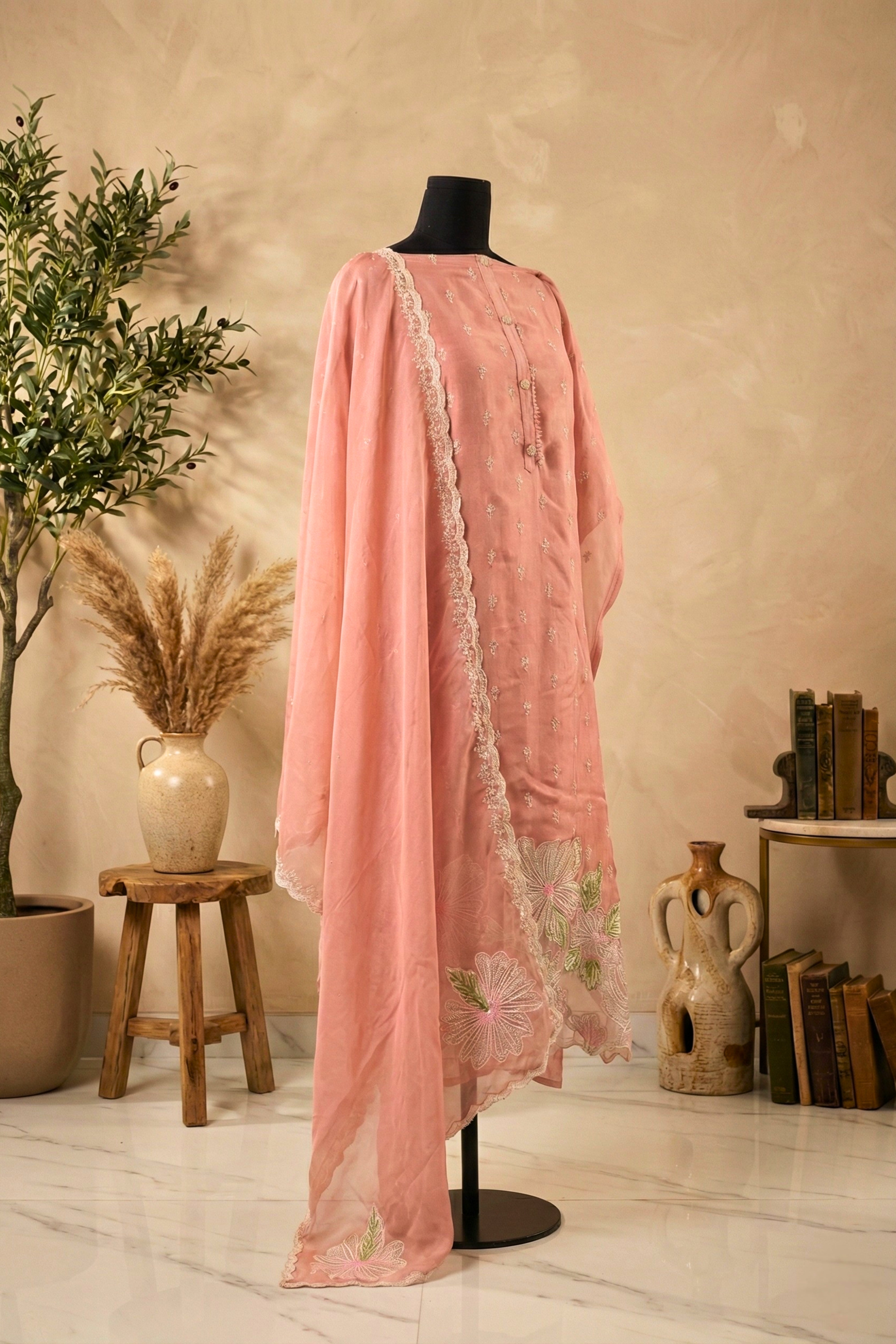 Dusty Rose Floral Cutwork Organza Unstitched Suit Set