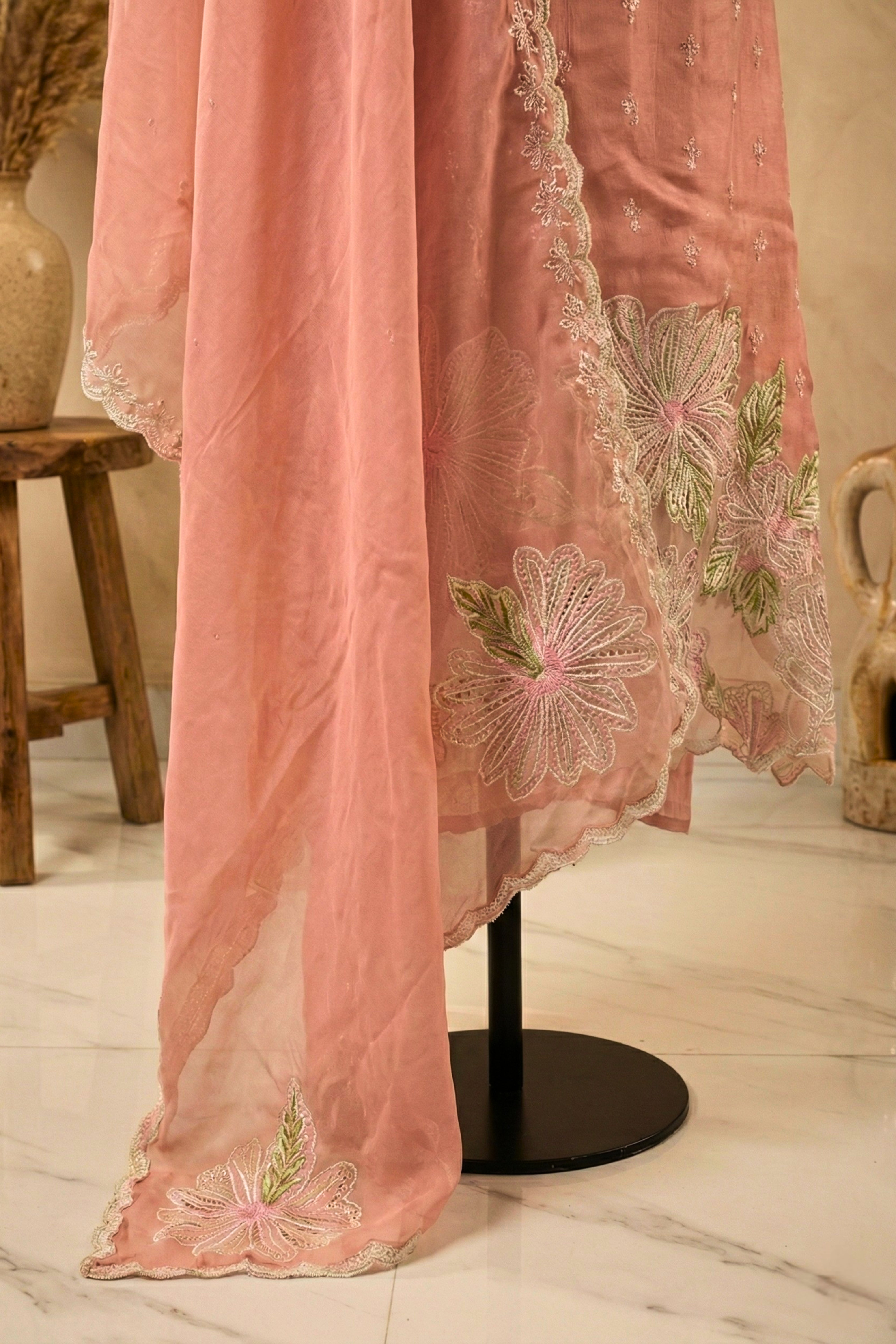 Dusty Rose Floral Cutwork Organza Unstitched Suit Set