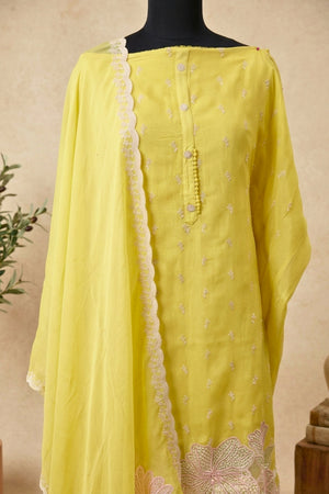 Luminous Lemon Yellow Floral Cutwork Organza Unstitched Suit Set