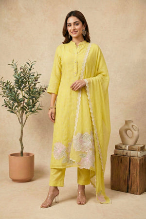 Luminous Lemon Yellow Floral Cutwork Organza Unstitched Suit Set