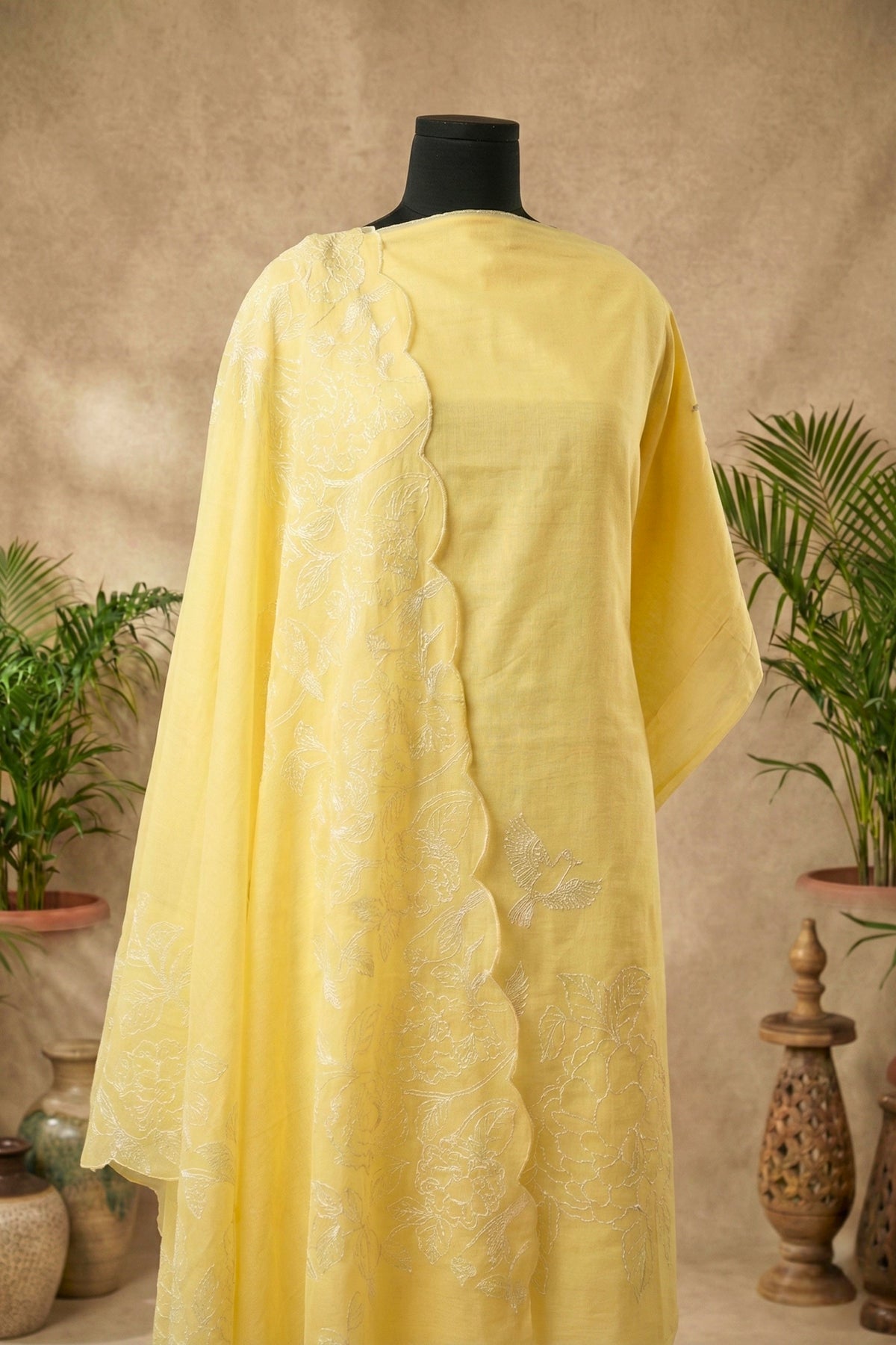 Sunshine Yellow Chanderi Unstitched Suit Set with Embroidered Dupatta